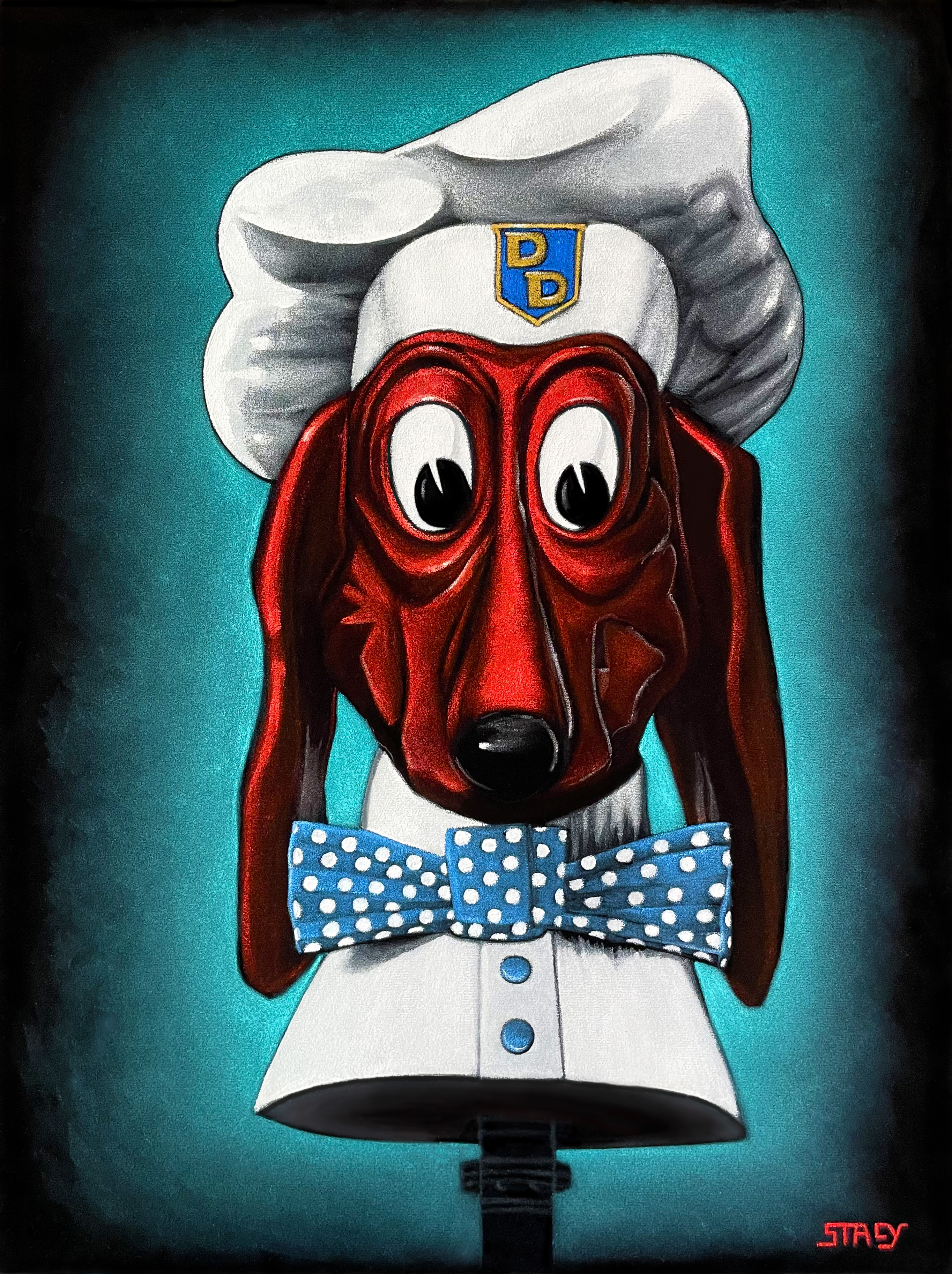 Oil on Black Velvet Tribute to the beloved San Francisco mascot, Diggity Dog of The Doggy Diner.

