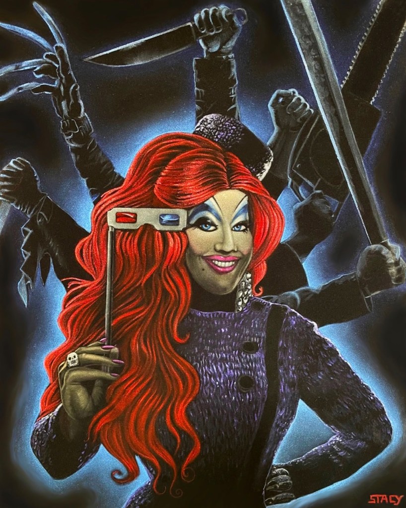 Peaches Christ is a horror hostess, star, and an SF Drag icon. 
The original framed 16 x 20 oil on velvet painting has been donated for auction to support Harvey Milk Civil Rights Academy, an Sf public school that values acceptance and activism.